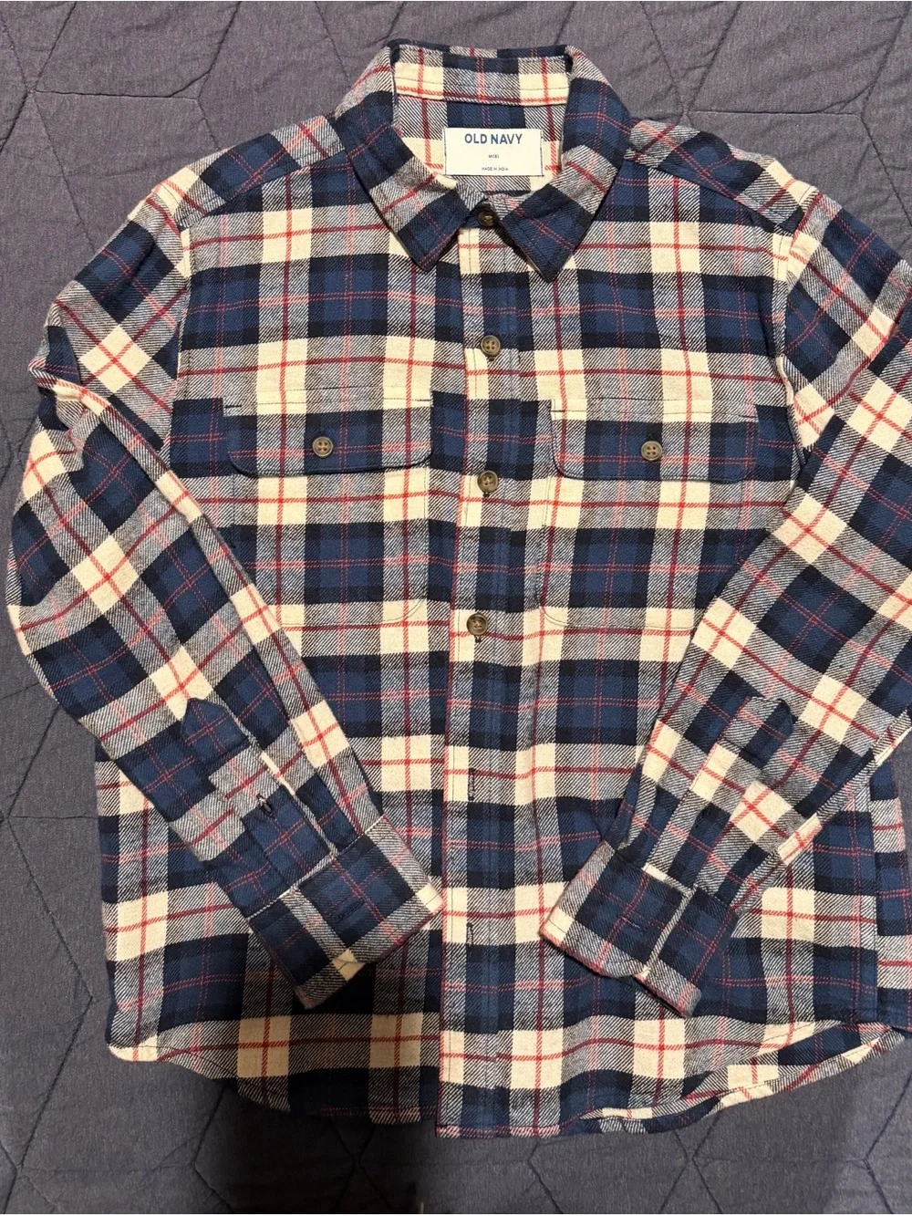 Old Navy Blue and Cream Plaid Button-Down Flannel